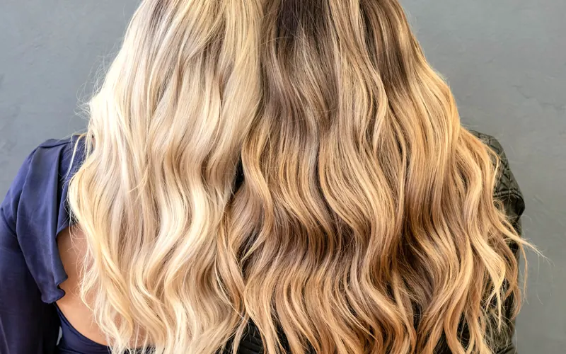 Deux chevelures longues ondulées, balayage blond et châtain